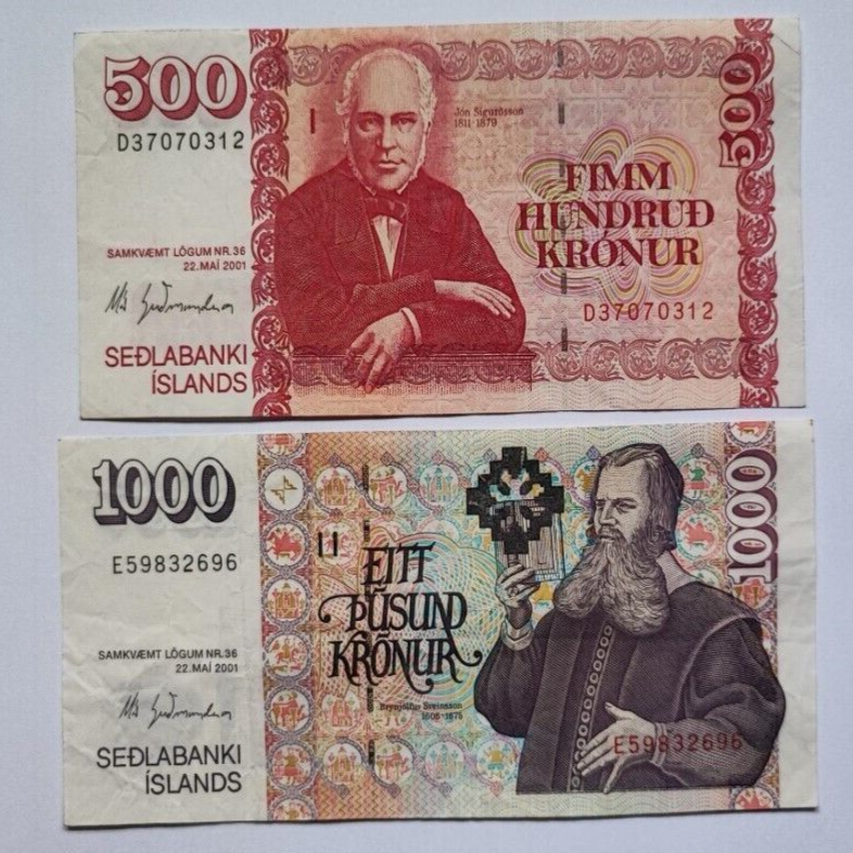 ICELAND BANKNOTES SET OF 500  AND 10000 KRONUR  USED VERY FINE.