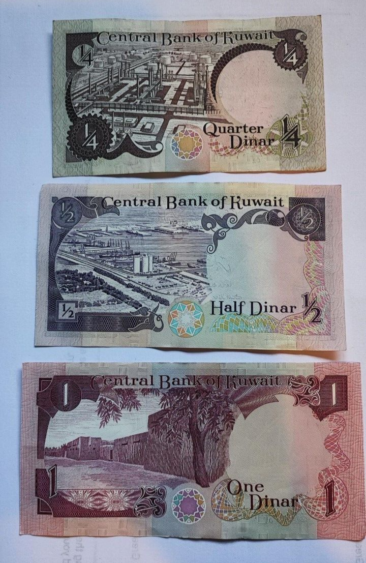 Kuwait banknotes set 1 Dinar 1/2 Dinar 1/4 Dinar  1986-1991 very fine condition