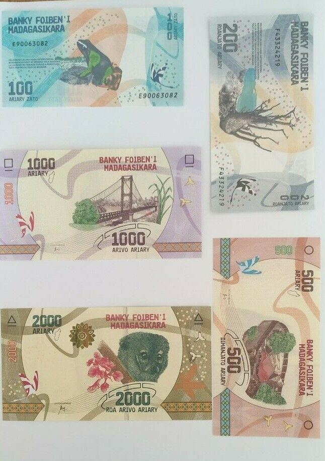 Madagascar 100 + 200 + 500 + 1000 + 2000 Ariary 2017 Banknote Set 5 PCS UNC