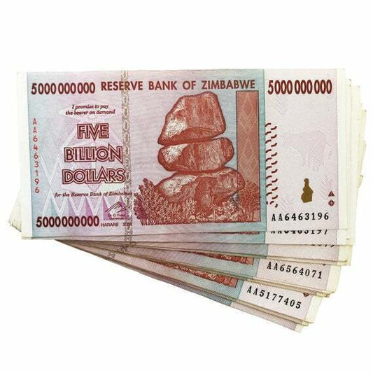 Zimbabwe 10xfive  billion dollars banknotes used