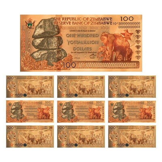 Zimbabwe 100 Yottalillion Dollars 10 Pcs Lot Gold Foil Banknote