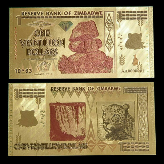 Zimbabwe 1 Vigintillion Dollars 24K Gold Foil Banknote 100 Trillion Series