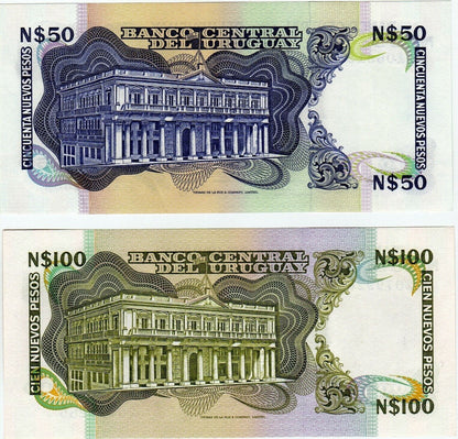 Uruguay 50 and 100 Nuevos Pesos 1987  to 1989 Banknotes  UNC