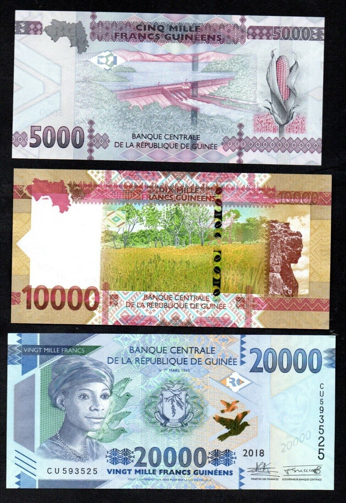 Guinea Republic Set of 6 Uncirculated Notes 500 - 20,000 Francs 2015 /2018 UNC