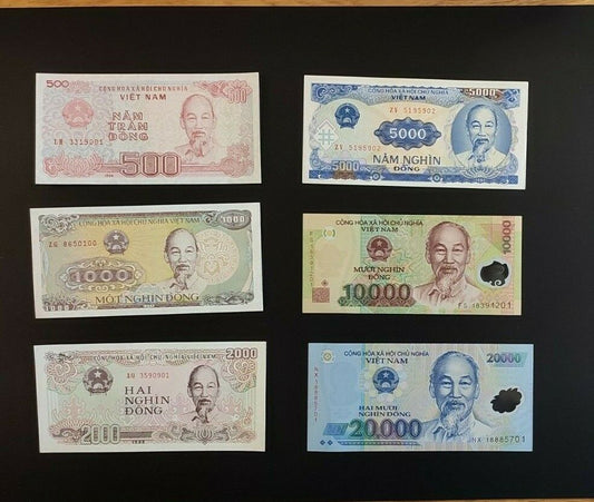 Vietnam 500+1000 + 2000 + 5000 + 10000 + 20000 Dong Set of 6 Banknotes 6 PCS UNC