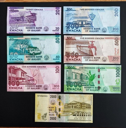 Malawi set 7 pcs 20+50+100+200+500+1000+2000 kwacha  UNC random year