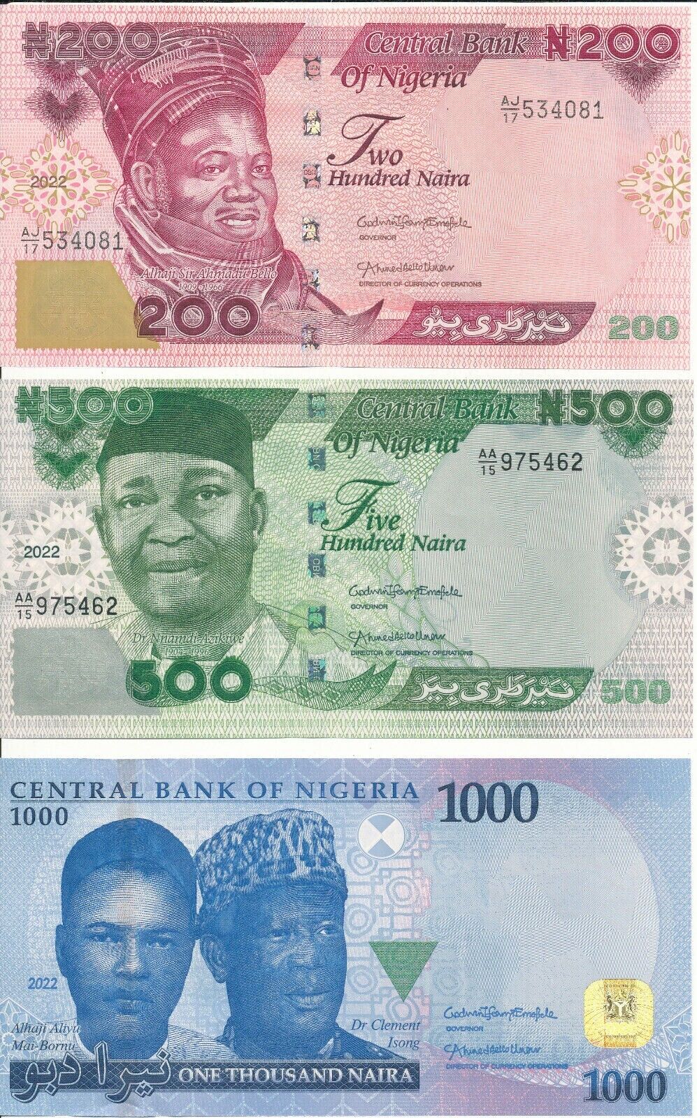 Nigeria set 3 PCS, 200 500 1000 Naira 2022(2023) UNC NEW Design banknote