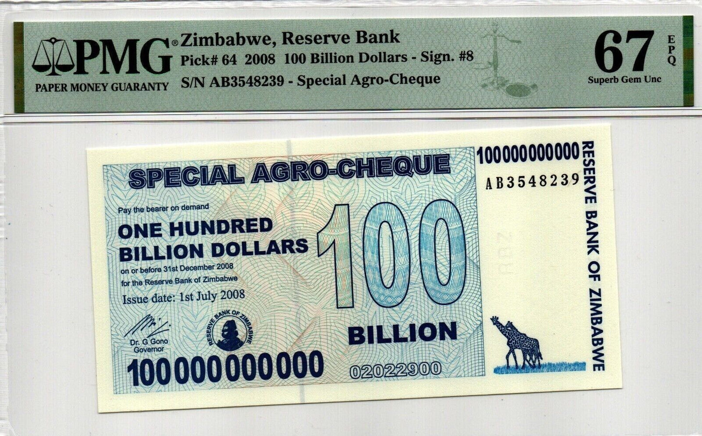 ZIMBABWE $100 Billion Dollars Agro Check P 64 PMG 67