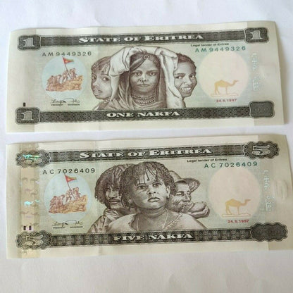 Eritrea 1 ,5,  Nakfa 1997 Set of 2 Banknotes  2PCS  UNC