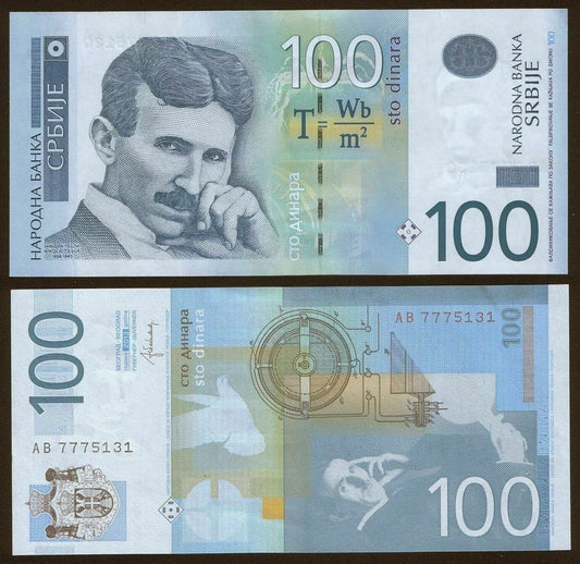 SERBIA Nikola Tesla 100 dinars banknote UNC 2013