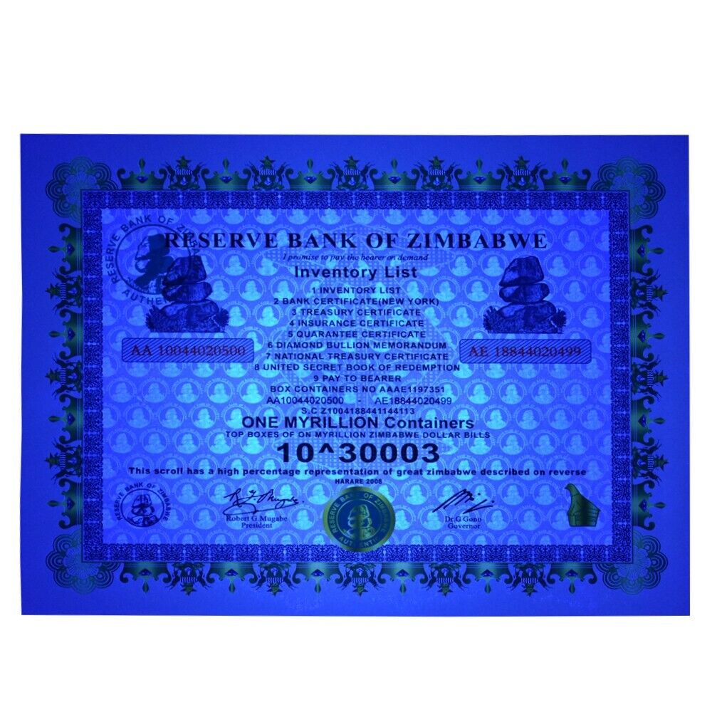1 PC Great Myrillion Containers zimbabwe Banknote certificate 30003 Zeros Gift