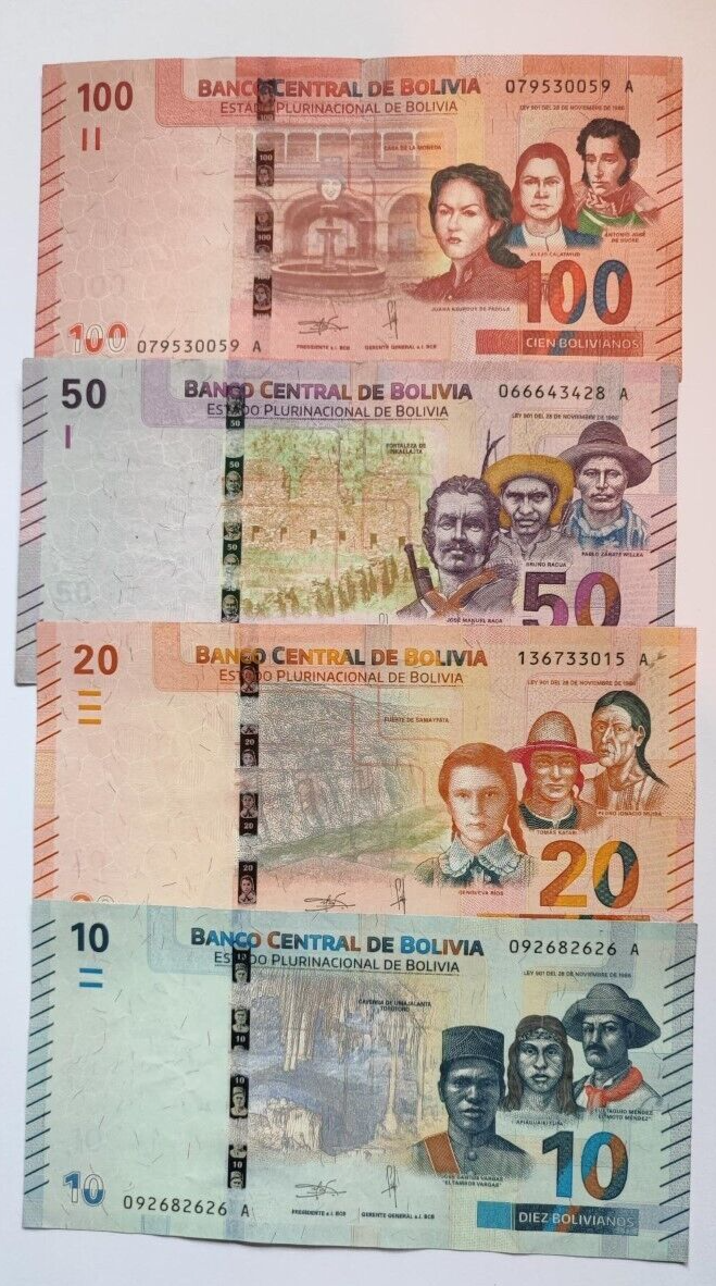 Bolivia SET Of 4 Banknotes: 10 20 50  100 Bolivianos 2015-2018 AUNC