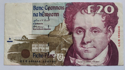 1998 CENTRAL BANK OF IRELAND TWENTY 20 POUNDS BANKNOTE In Use Condition