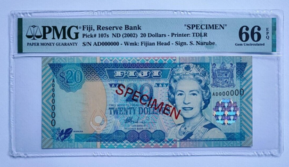 Fiji, 20 Dollars, 2002, UNC, p107s, SPECIMEN PMG 66