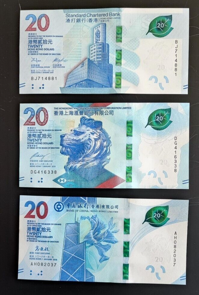 Hong Kong Set 3 Pcs 20 Dollars 2018/2020 P 218 302 348 SCB HSBC BOC UNC