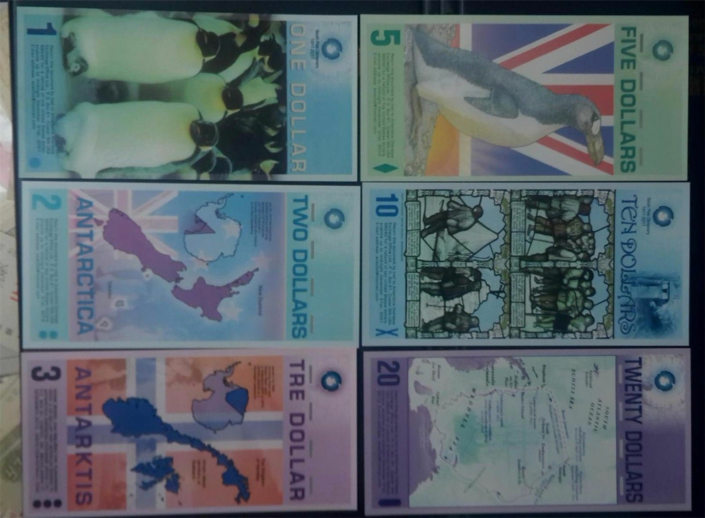 LOT 6 PCS ,Antarctic 1、2、.3、5、10、20 Dollars commemorative test notes/UNC