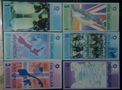 LOT 6 PCS ,Antarctic 1、2、.3、5、10、20 Dollars commemorative test notes/UNC