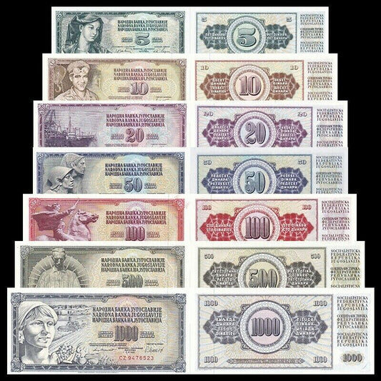 Set 7 PCS, Yugoslavia 5 10 20 50 100 500 1000 Dinara in UNC Condition