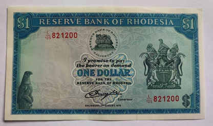 1979 RHODESIA (ZIMBABWE) 1 OLD RHODESIAN DOLLAR  BANKNOTE AFRICA UNC