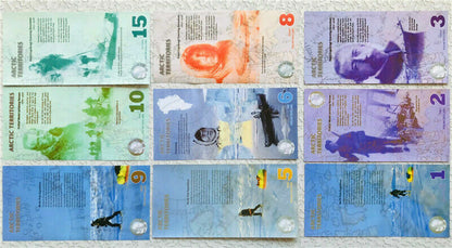 LOT 9 PCS ,Arctic 1、2、3、5、6、8、9、10、15 Dollars commemorative test notes/UNC