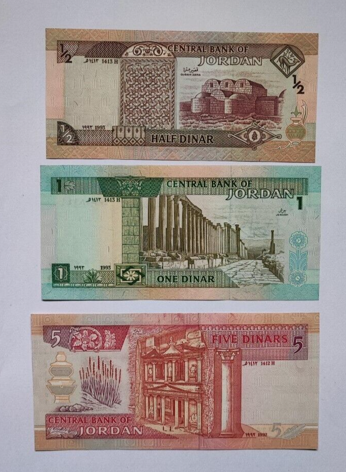 1993-97 Jordan Complete Set 5 Banknotes 1/2 1 5 10 20 Dinar P-23 24 25 26 27 UNC