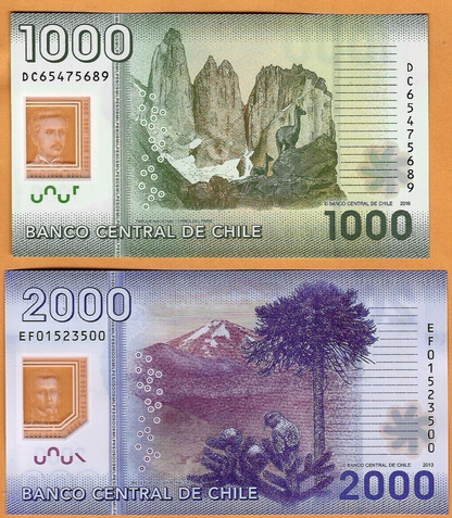 CHILE 1000 and 2000 Pesos Banknotes (2009/2011)  - UNC