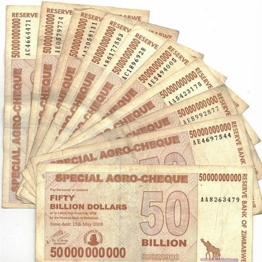 10xZimbabwe 50 Billion Dollars 2008. Good Used Condition