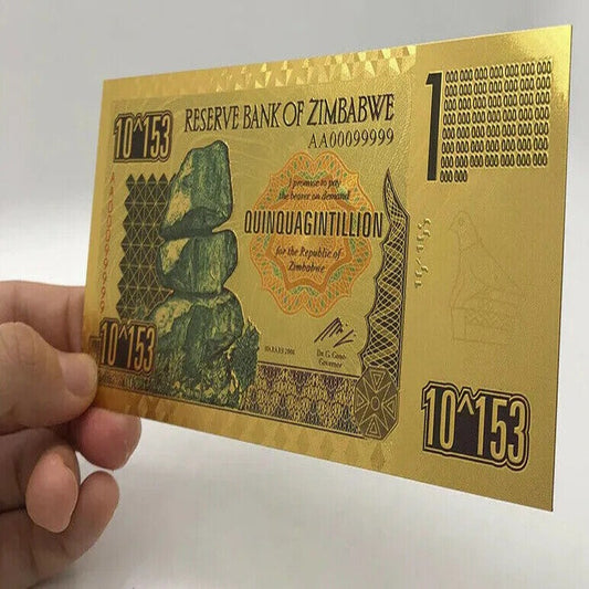 Zimbabwe 1 Quinquagintillion  Dollars Gold Foil Banknote 100 Trillion Series