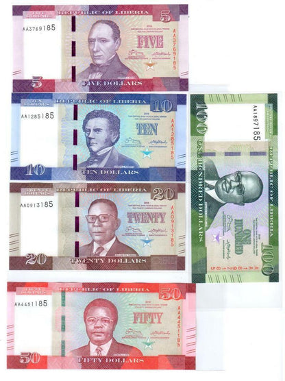 Liberia 5 + 10 + 20 + 50 + 100 Dollars 2016 Set of 5 Banknotes 5 PCS  UNC