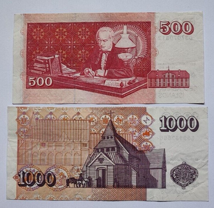 ICELAND BANKNOTES SET OF 500  AND 10000 KRONUR  USED VERY FINE.