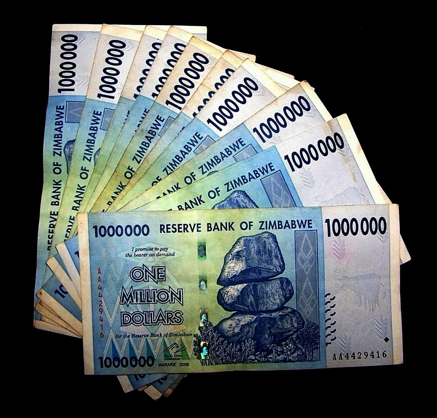 Zimbabwe 10x one million dollars banknotes used