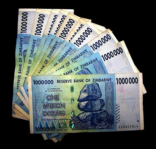 Zimbabwe 10x one million dollars banknotes used