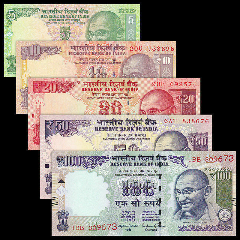 Set Of 5 PCS" Banknotes, India 5 + 10 + 20 + 50 + 100 Rupees, In UNC