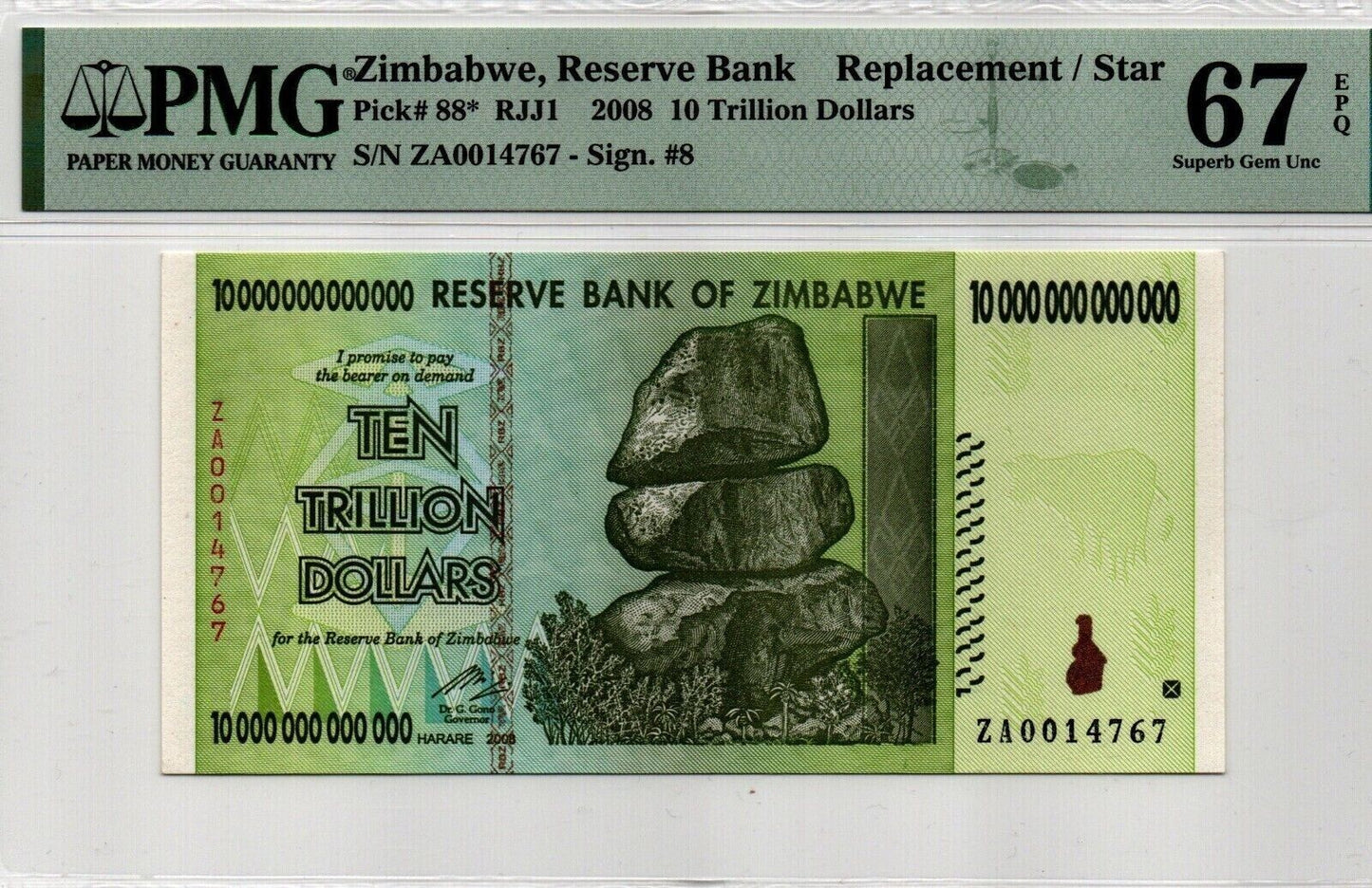 ZIMBABWE $10,000,000,000,000 Dollars REPLACEMENT 2008 P 88 PMG 67 EPQ RARE