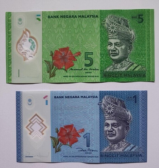 Malaysia 2 PCS Set: 1 & 5 Ringgit (2012/2021) p-51a, p-52c Polymer UNC