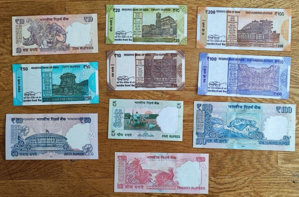 India, 5,10,10,20,20, 50,50,100,100,200,Rupees, set of 10 All In  Unc