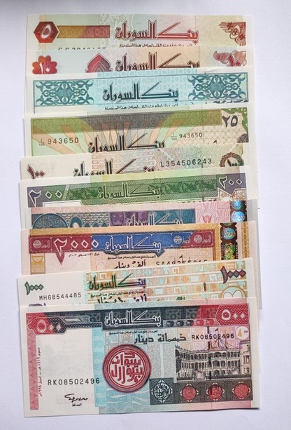 SUDAN 5 10 25 50 100 200 500 1000 2000 5000 DINARS 1992 2002 P-51 :63 SET UNC