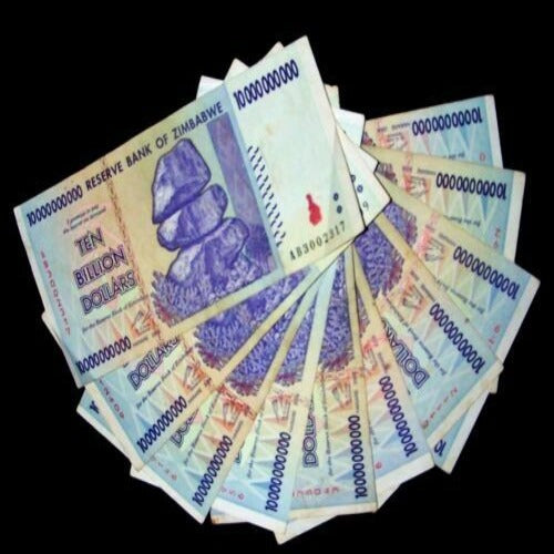 Zimbabwe 10xten  billion dollars banknotes used