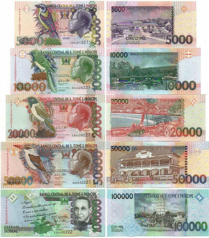 S Tome Principe set 5 banknotes 5000 10000 20000 50000 100000 Dobra 2013 UNC