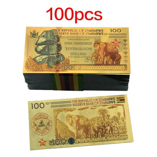 Zimbabwe 100 Yottalillion Dollars 100 Pcs Lot Gold Foil Banknote