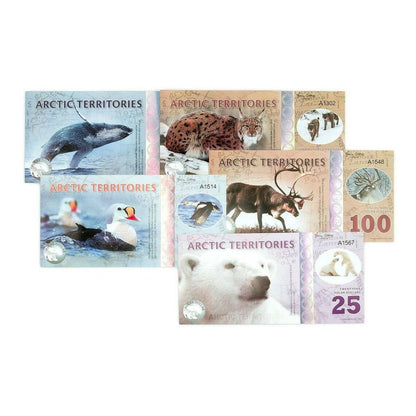 1 set of 5 Arctic Terr. 25, 50, 100,250, 500 Polar Dollars Unc