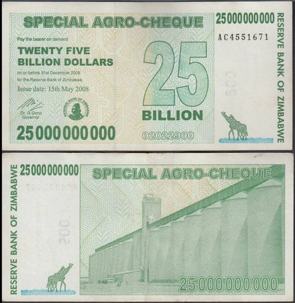 10xZimbabwe 25 Billion Dollars 2008. Good Used Condition