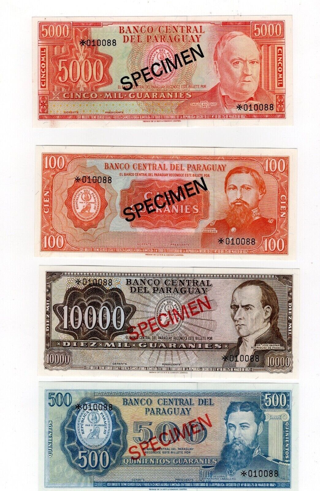 Collection of 5x Paraguay Specimen Banknotes UNC