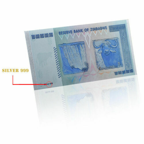 Zimbabwe 100 Trillion Silver Foil Banknote Coloured Novelty Note See description