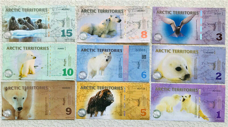 LOT 9 PCS ,Arctic 1、2、3、5、6、8、9、10、15 Dollars commemorative test notes/UNC