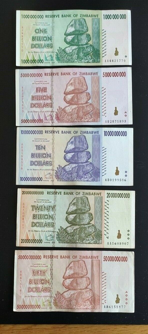Zimbabwe billion dollars banknotes set of all 5 (1, 5, 10, 20, 50 billion) used