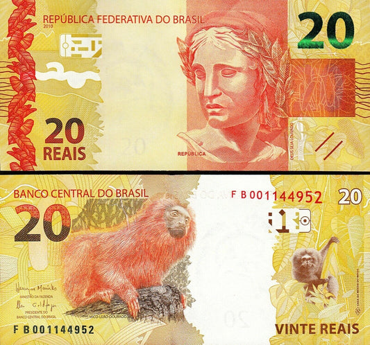 BRAZIL  20 REAIS 2010 PREFIX AA P 255a UNC