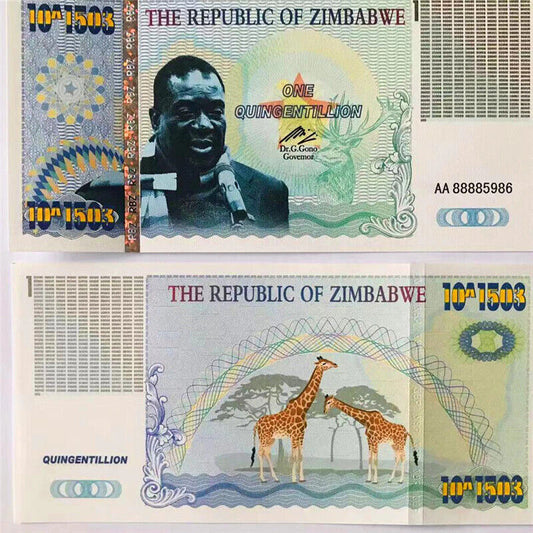 Zimbabwe Paper Money One Quingentillion Banknote Bank