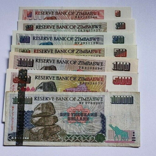 ZIMBABWE SET 7 Pcs 5,10,20,50,100,500 & 1000 Dollars 1994-03 P-5 to10 & 12 Used