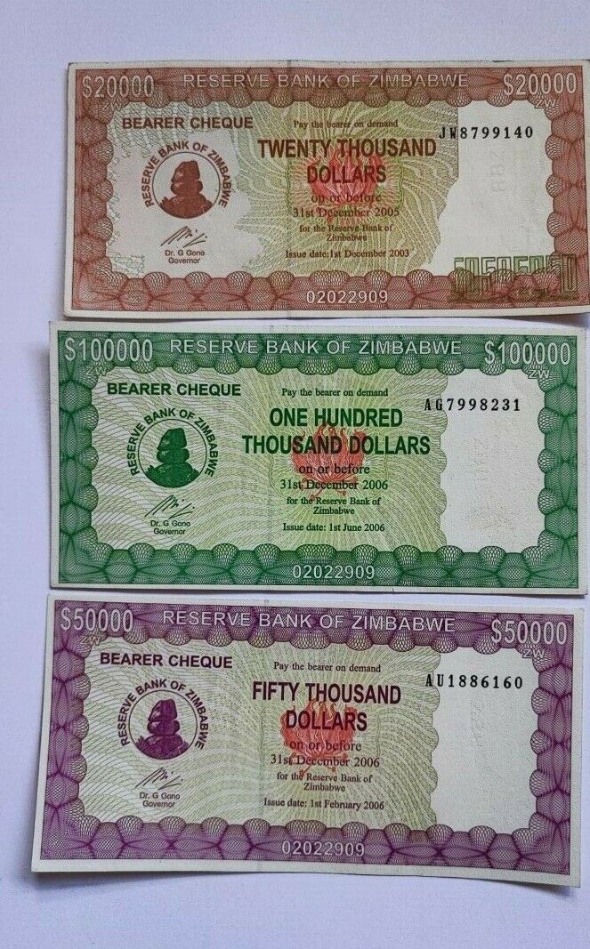 Set of  5 Zimbabwe 5000  to 100,000 bearer cheque 2004 to 2006 very rare